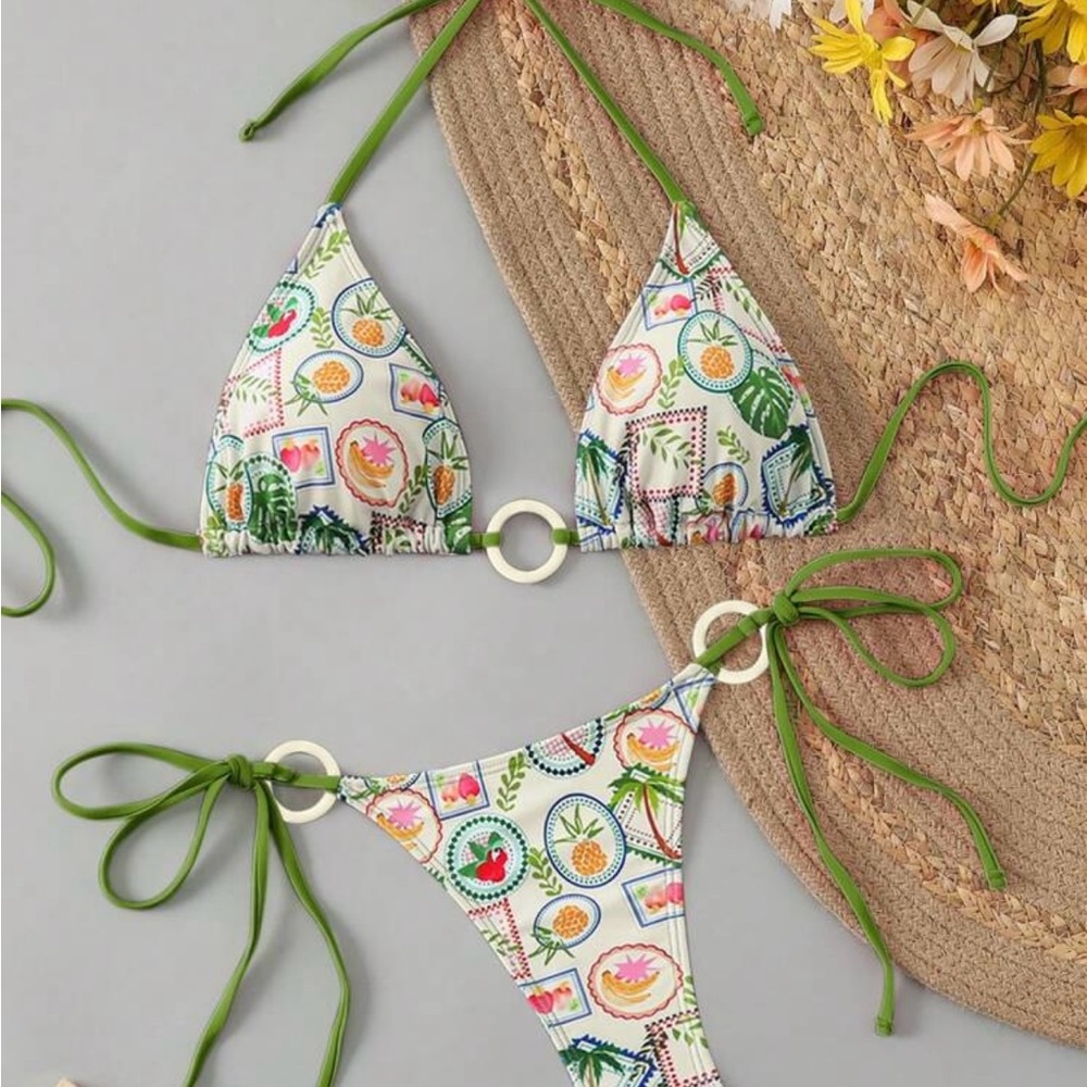 Floral Print Bikini with Green Straps